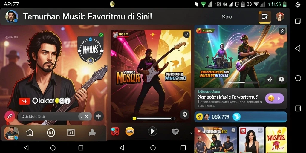 Screenshot utama API77 menunjukkan antarmuka musik yang interaktif.