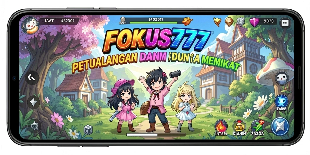 Screenshot gameplay dinamis dalam FOKUS777 yang menampilkan karakter Anime.