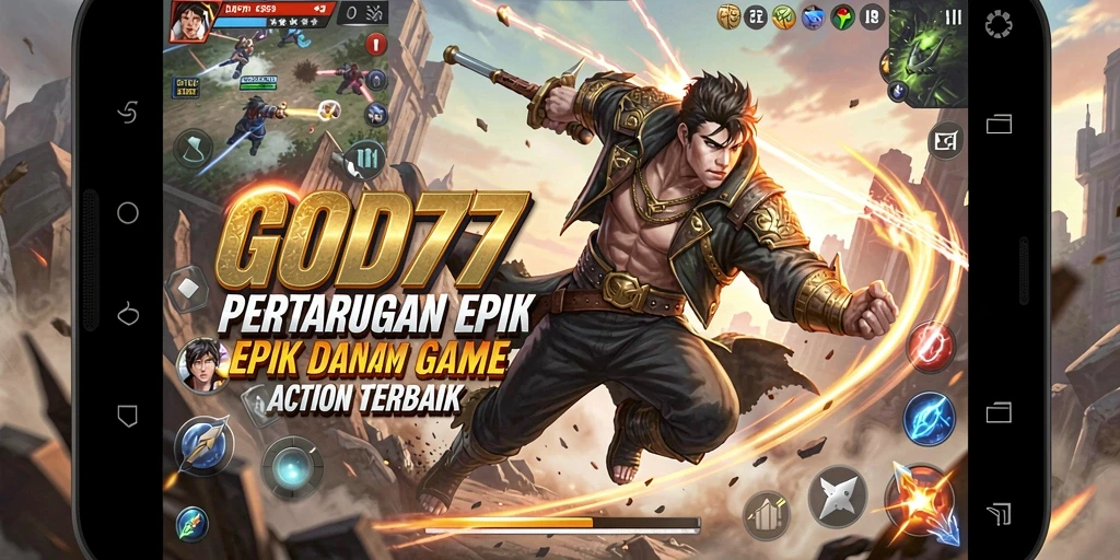 Screenshot utama GOD77 menampilkan aksi pertarungan epik.
