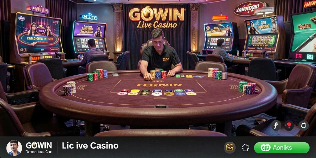 Screenshot gameplay GOWIN menampilkan dealer profesional dan meja permainan yang menakjubkan.