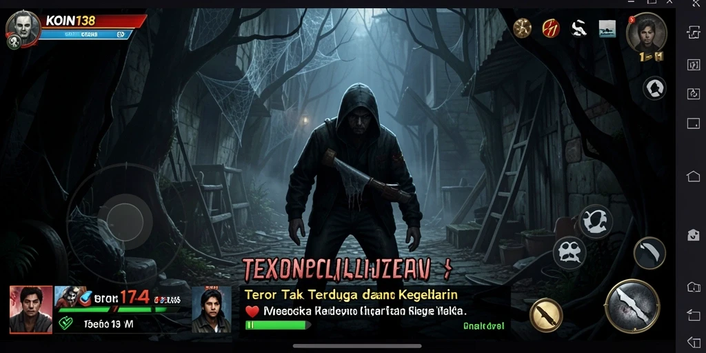Screenshot menampilkan pemain yang sedang menjelajahi lokasi horor yang gelap.