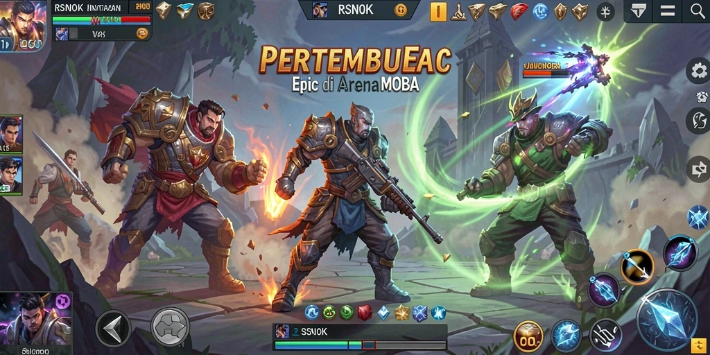 Screenshot utama RSNOK menampilkan pertarungan intens dalam arena MOBA.