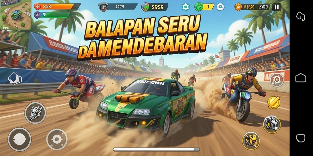 Tampilan gameplay S9S9 dengan mobil balap melaju kencang di lintasan.