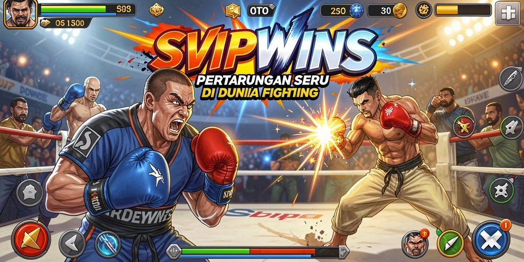 Screenshot gameplay SVIPWINS menampilkan pertarungan intens dan karakter beraksi.