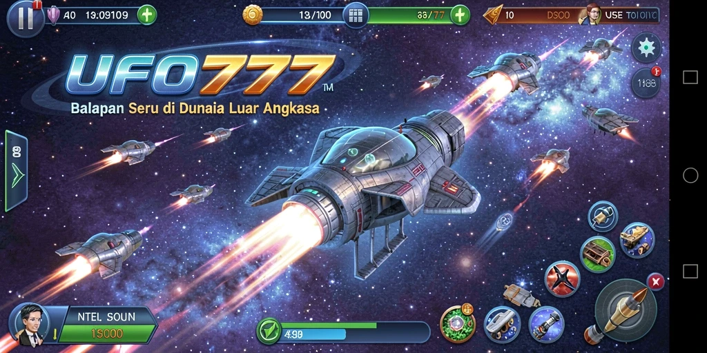 Screenshot gameplay UFO777 menunjukkan balapan futuristik luar angkasa yang mendebarkan.